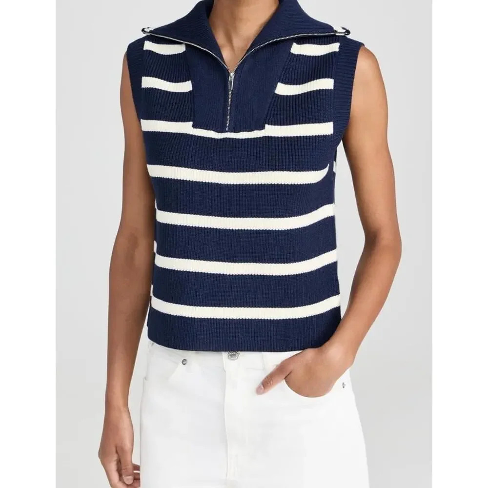 English Factory Ivory Navy Stripe Sleeveless Sweater Half-Zip Sporty Vest Top | Poshmark