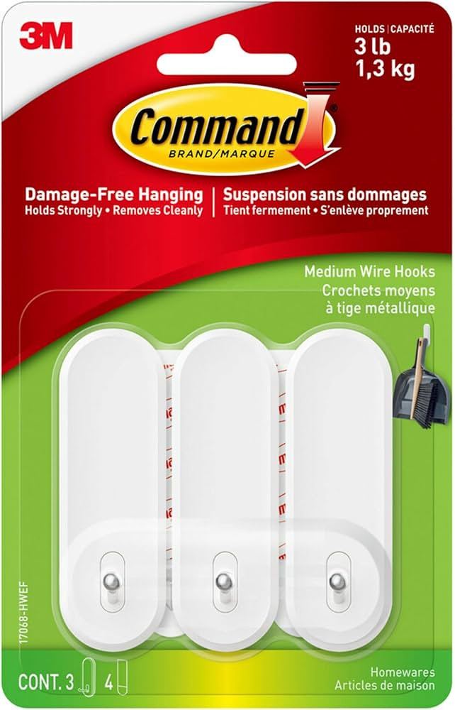 Command Medium Wire Hooks, Holds up to 3 lb, 3 Hooks, 4 Strips, Damage free Hanging Wall Hooks wi... | Amazon (US)