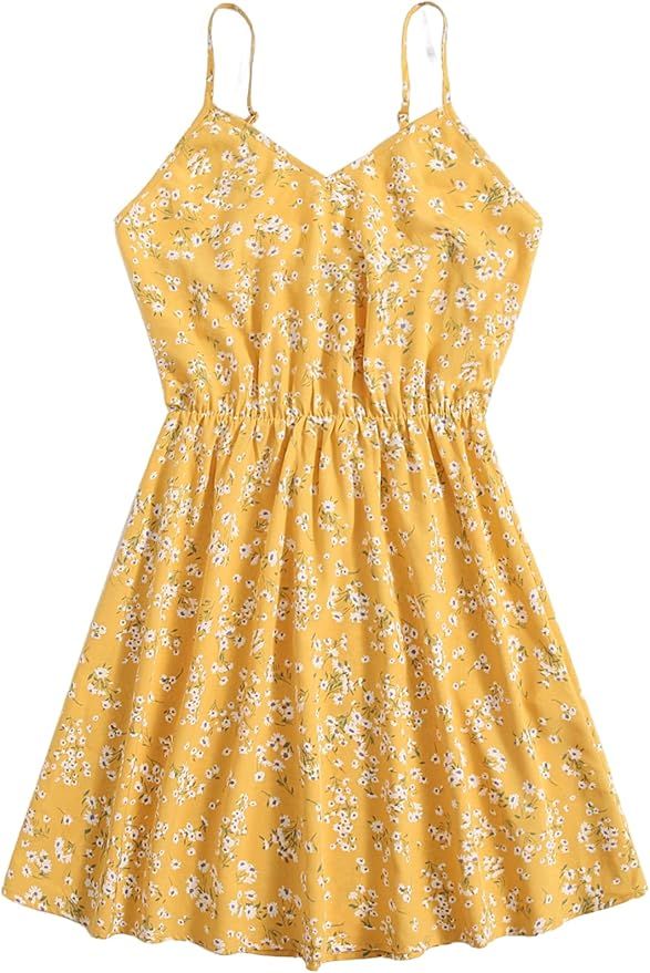 Verdusa Women's Sleeveless V Neck Daisy Floral Short A Line Swing Cami Dress | Amazon (US)