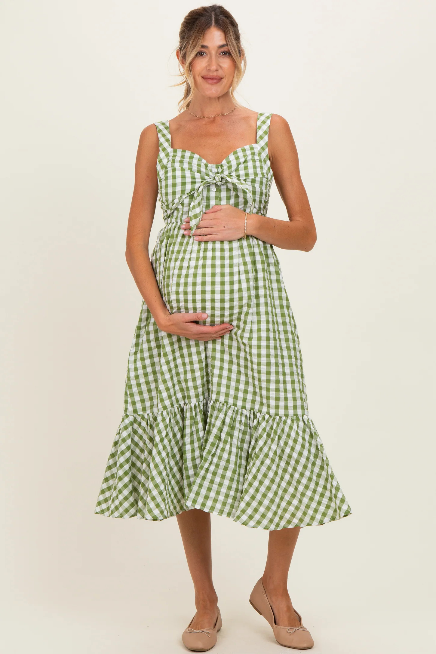 Green Gingham Front Tie Halter Maternity Midi Dress | PinkBlush Maternity