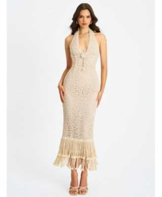 Miss Circle Women Faelyn Off-White Double Fringe Crochet Halter Maxi Dress - Off white | Macy's