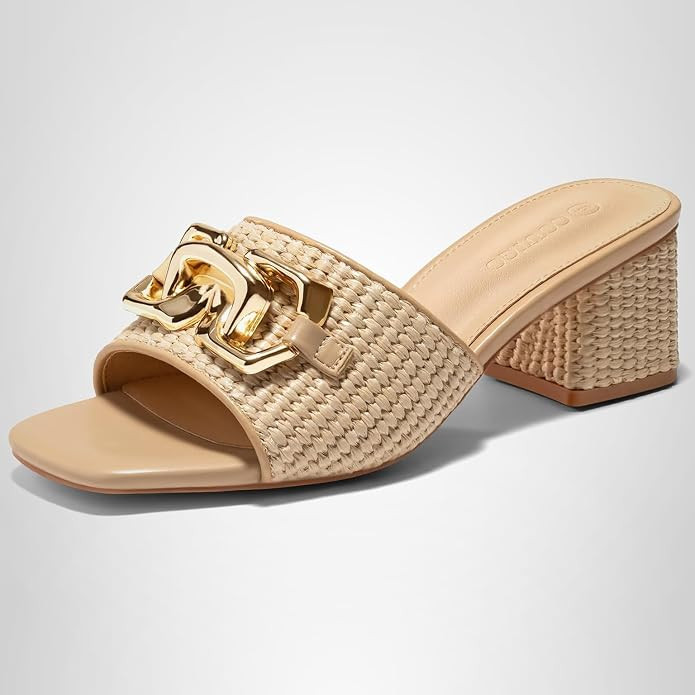 Coutgo Womens Raffia Slide Sandals Chunky Block Heeled Square Open Toe Metal Chain Slip on Mules ... | Amazon (US)