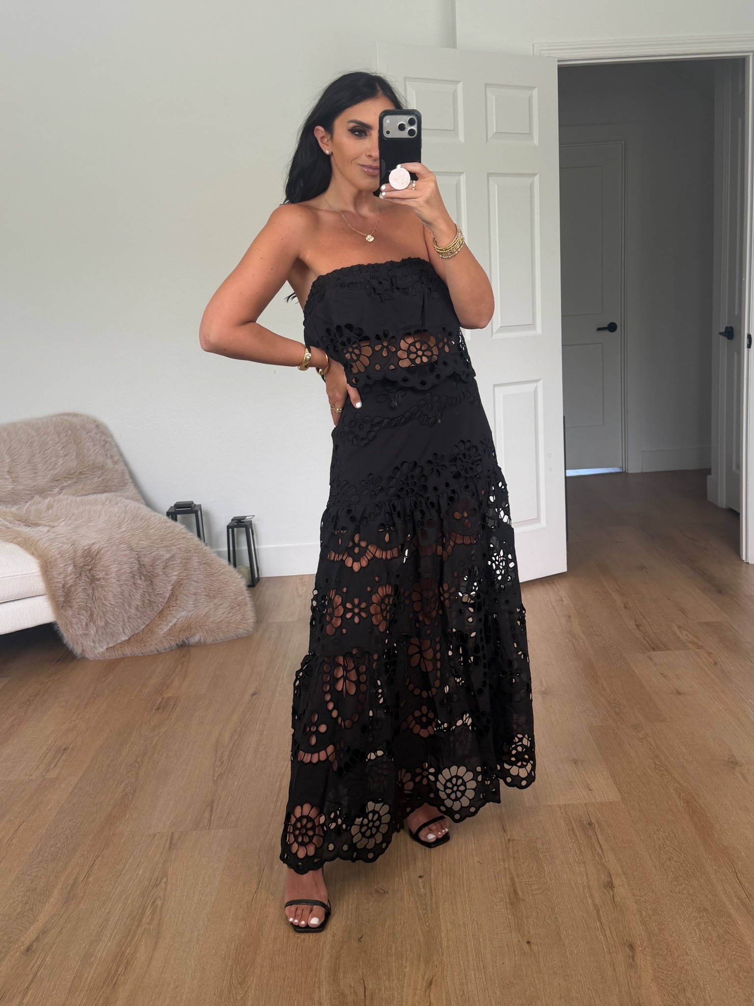 Vici collection coastline energy floral eyelet strapless crop top wearing size medium but should have done a small. 

Coastline energy floral eyelet maxi skirt wearing size medium 

 Use code houseofsequins30 for 30% off the entire site on vici