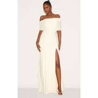 Cream Double Layer Slinky Bardot One Shoulder Ruched Maxi Dress, White | PrettyLittleThing UK