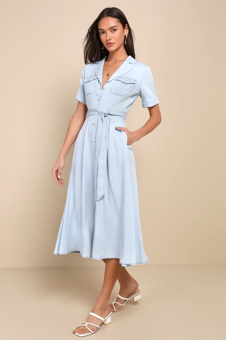 Pleasant Cutie Blue Chambray Collared Midi Dress With Pockets | Lulus