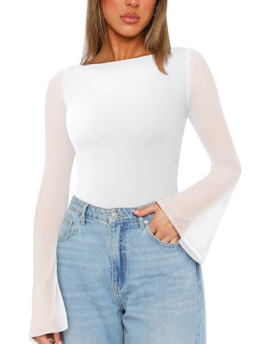 REORIA Women’s Fashion Sexy Boat Neck Classy Bell Sleeve Double Lined Sheer Mesh Cute Night Out Bodysuit Tops for Party White XX-Large | Amazon (US)