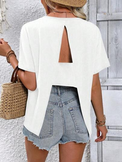 SHEIN ChicEase Women's Short Sleeve Round Neck Casual T-Shirt With Back Slit | SHEIN