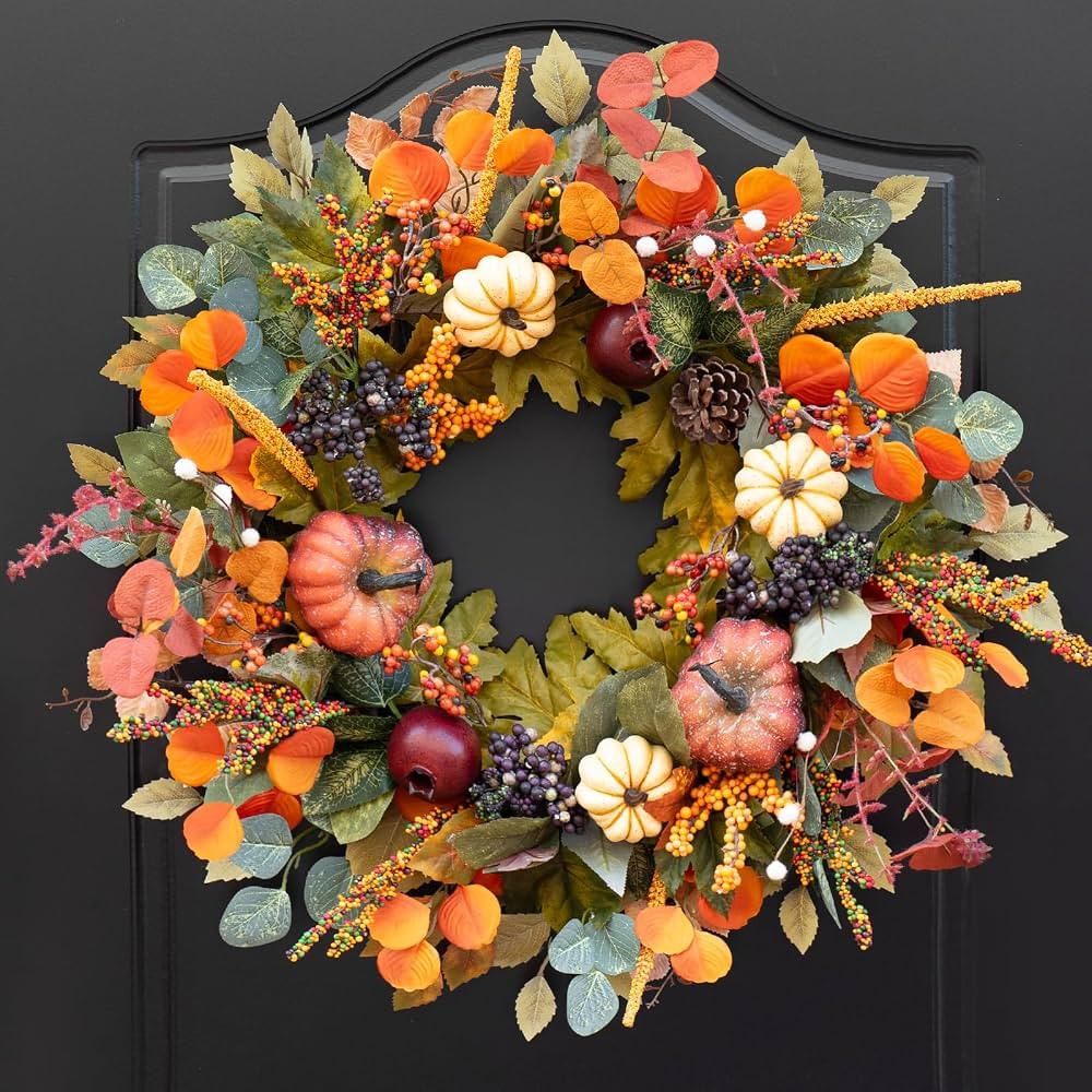 Fall Wreaths for Front Door Outside 24 Inch Autumn Wreath with Pumpkins, Pomegranates, Pinecones,... | Amazon (US)