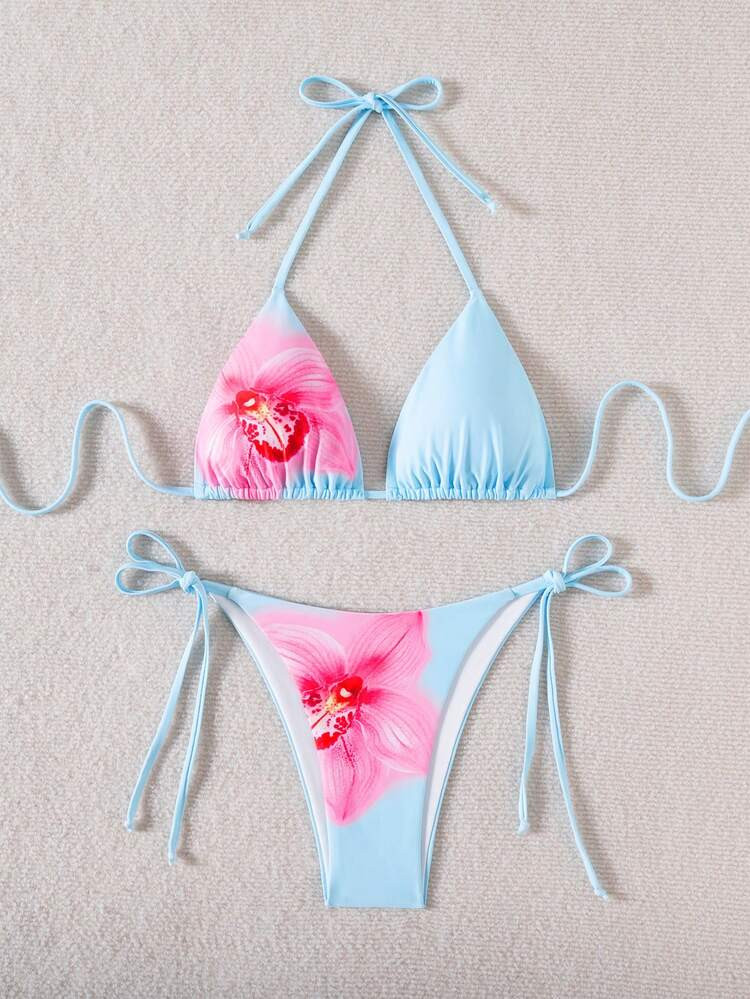 Women's Floral Print Bikini Set, Tie Front Triangle Top & Tie Side Triangle Bottom, Summer Swimwear Vacation Beach | SHEIN