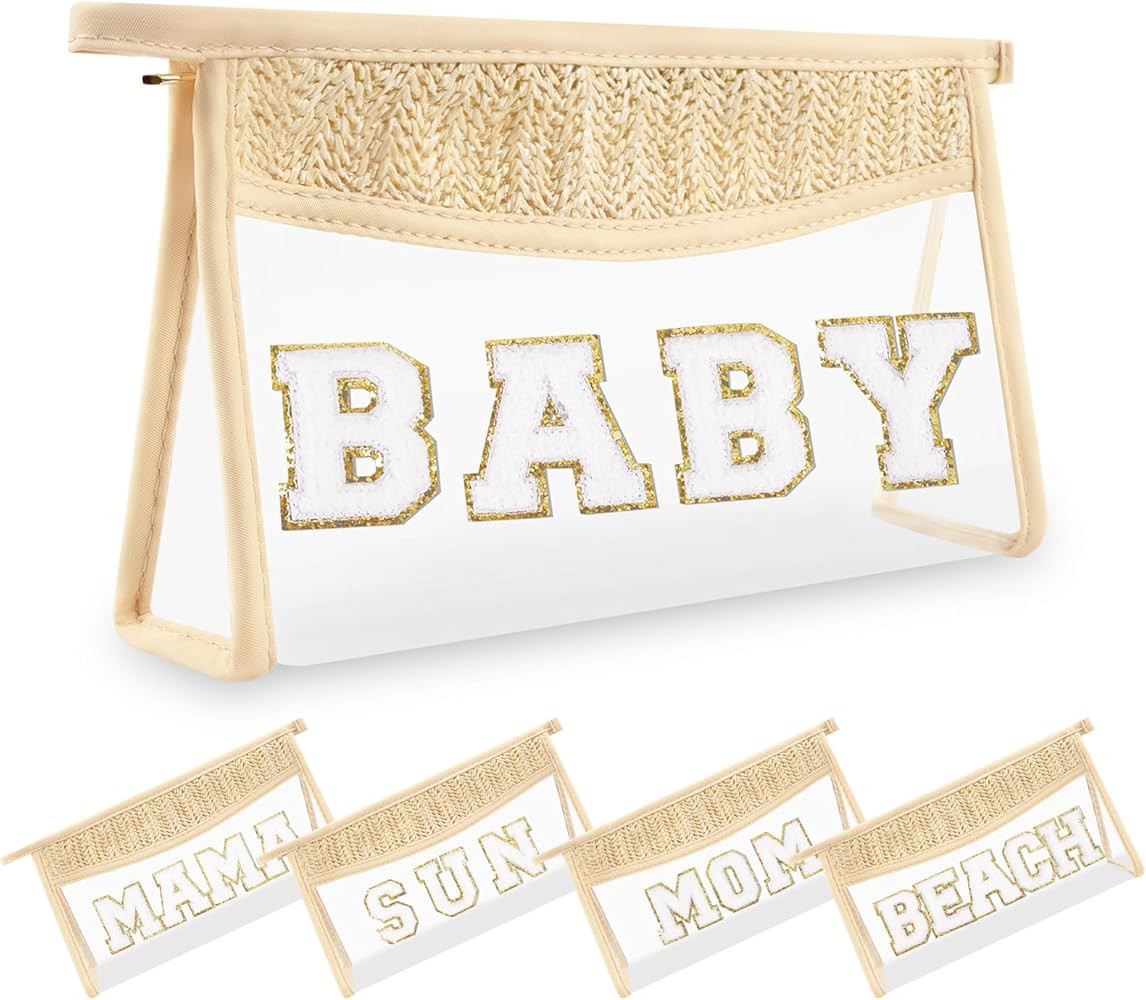 Small Boho Straw Clear Baby Makeup Bags for Women&Girls, Zipper Cosmetic Bag Chenille Varsity Let... | Amazon (US)