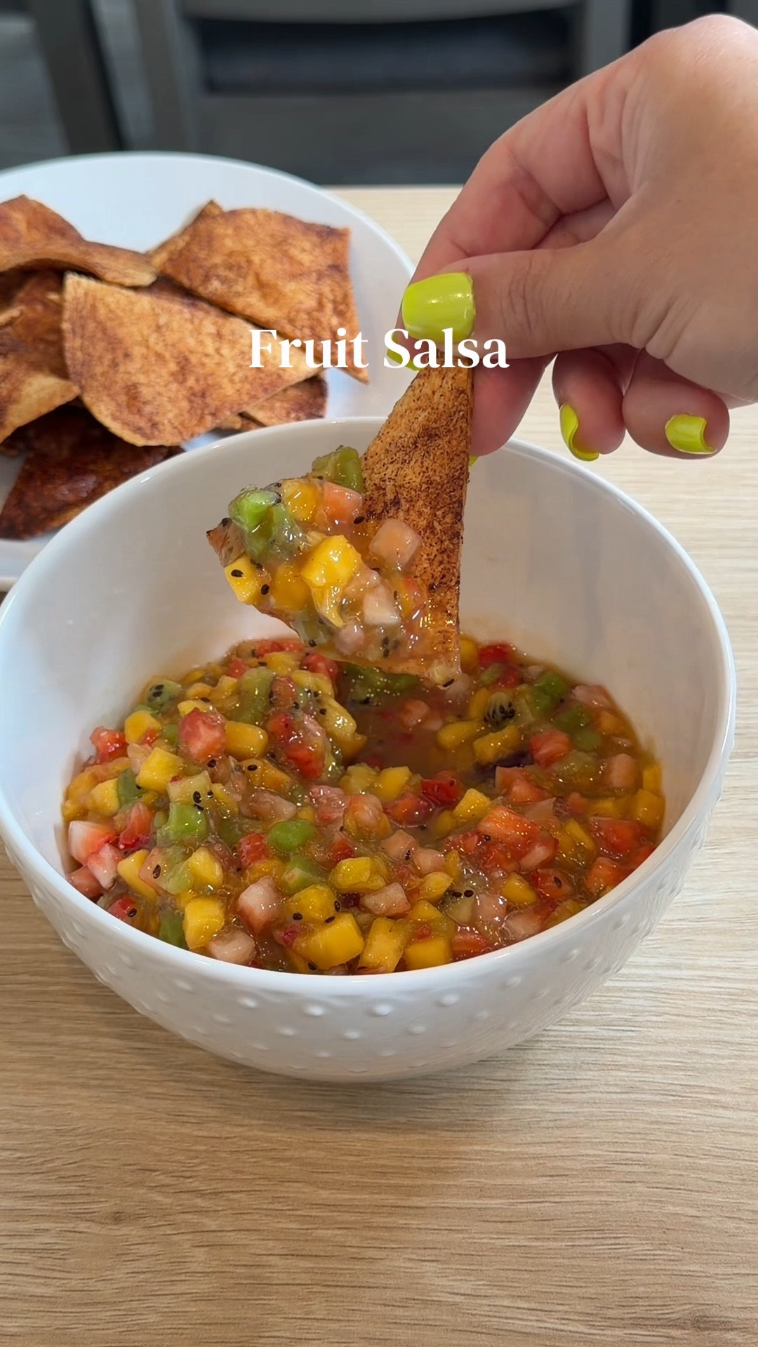 Fresh fruit salsa made easy with the Fullstar Vegetable Chopper quick, perfectly diced, and perfect for busy days 🍓🥭✨

#vegetablechopper #kitchengadgets #easyrecipes #mealprepideas #amazonfinds

Ingredients

1 peach or nectarine , peeled and diced
1 mango , peeled, cored and diced
3 kiwis , peeled and diced
1 (16 oz) pkg. strawberries, hulled and diced
1 1/2 tsp fresh lemon juice
2 Tbsp strawberry jam

Cinnamon Sugar Chips

1/4 cup granulated sugar
1 tsp cinnamon
6 6- inch flour tortillas
2 Tbsp butter , melted

Instructions

1. Preheat oven prepare baking sheet: Preheat oven to 400 degrees. Spray an 18 by 13-inch baking sheet with non-stick cooking spray (or line with a silicone liner or parchment paper), set aside.

2. Toss fruit with lemon and jam: For the fruit salsa in a large mixing bowl toss together peach, mango, kiwi, strawberries, lemon juice and strawberry jam. Chill salsa (serve salsa within 2 hours).

3. Butter tortillas, dust with cinnamon sugar: In a small bowl mix together sugar and cinnamon. Brush both sides of the tortillas lightly with melted butter. Sprinkle each side of tortillas evenly with cinnamon sugar mixture*. 

4. Cut into wedges: Cut tortillas into 6 wedges, similar to cutting a pizza.

5. Bake: Transfer to prepared baking sheet in a single layer (they'll likely have to overlap slightly in places). Bake in preheated oven about 10 - 12 minutes, turning chips once halfway through baking.

6. Let chips cool then serve with fruit salsa.


#LTKmomlife #LTKfoodie #LTKHome