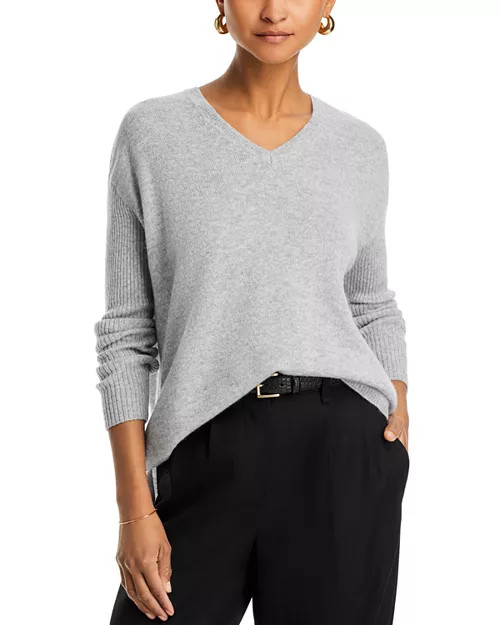 V-Neck Ribbed Sleeve Cashmere Sweater - Exclusive | Bloomingdale's (US)