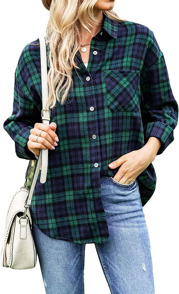 Lumister Oversized Flannel Shirt Women Long Sleeve Plaid Button Buffalo Shirt Blouse Tops with On... | Amazon (US)