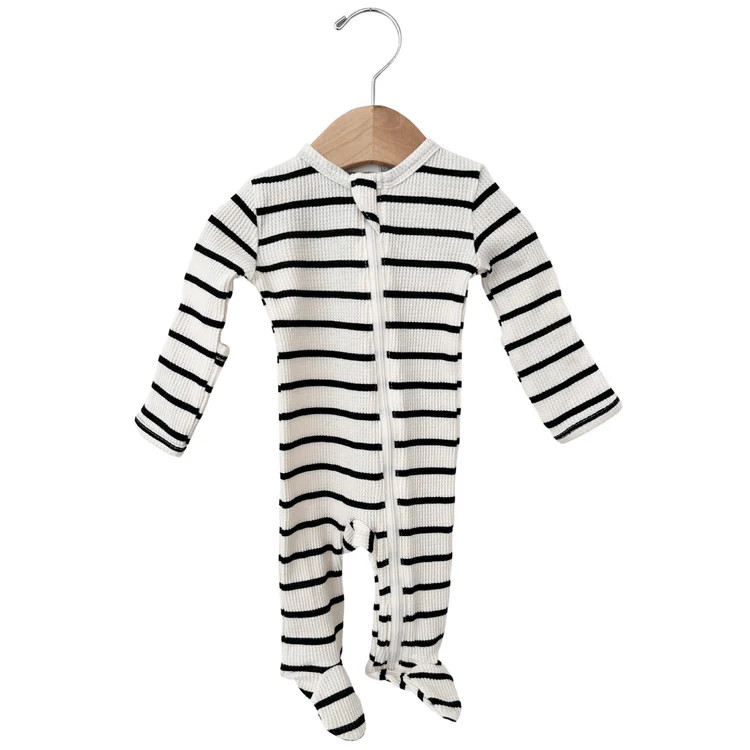 Organic Waffle Basic Zip Footie, Black Stripe | SpearmintLOVE