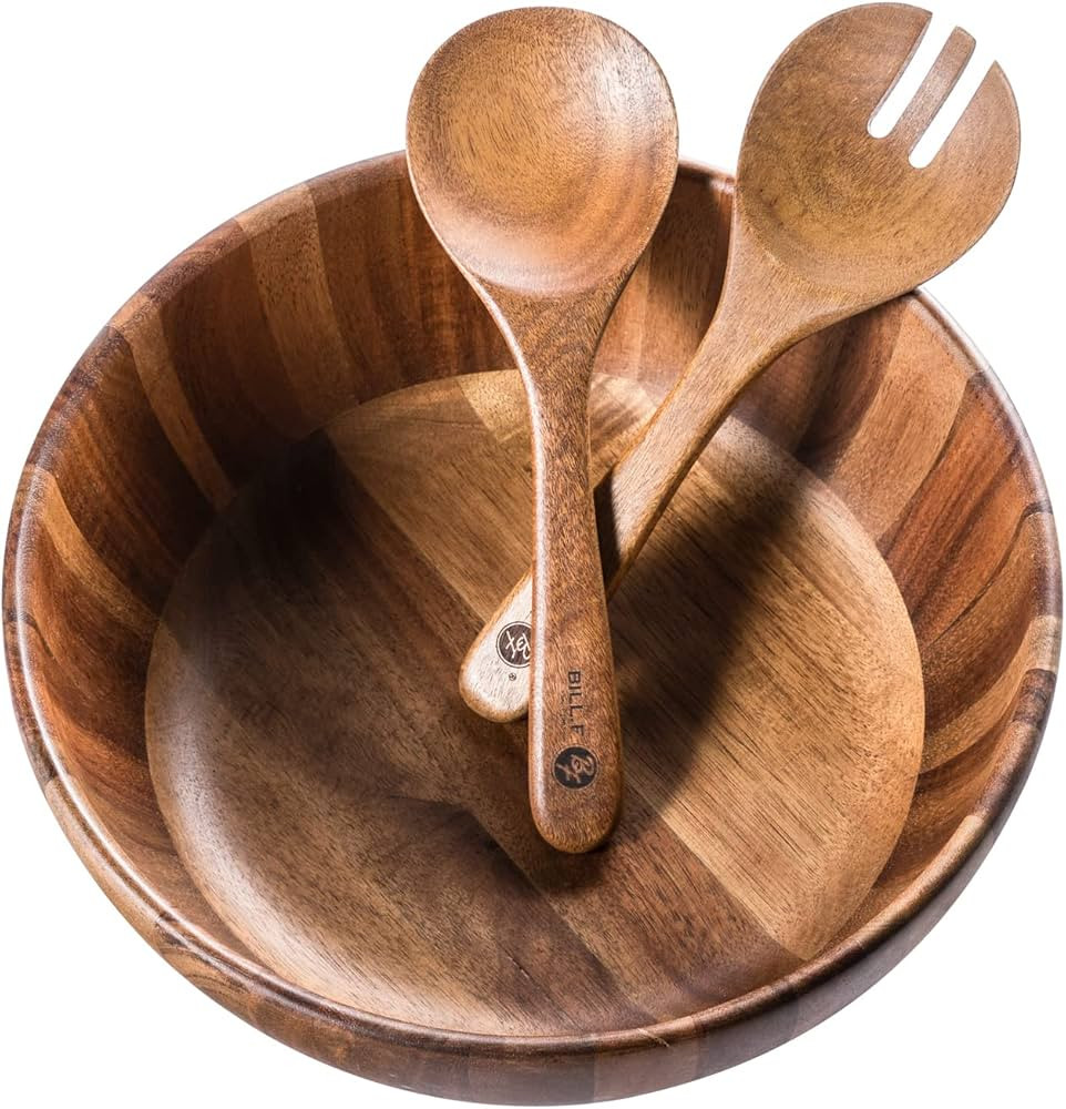 BILL.F Wooden Salad Bowl, 12'' Acacia Wood Salad Bowls Set Large Salad Mixing Bowl with Servers-3... | Amazon (US)