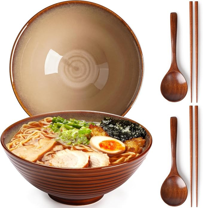 NUTRIUPS 8 Inch Ceramic Ramen Bowl Set of 2 Pho Bowls 40oz Japanese Noodle Udon Soup Bowls with S... | Amazon (US)