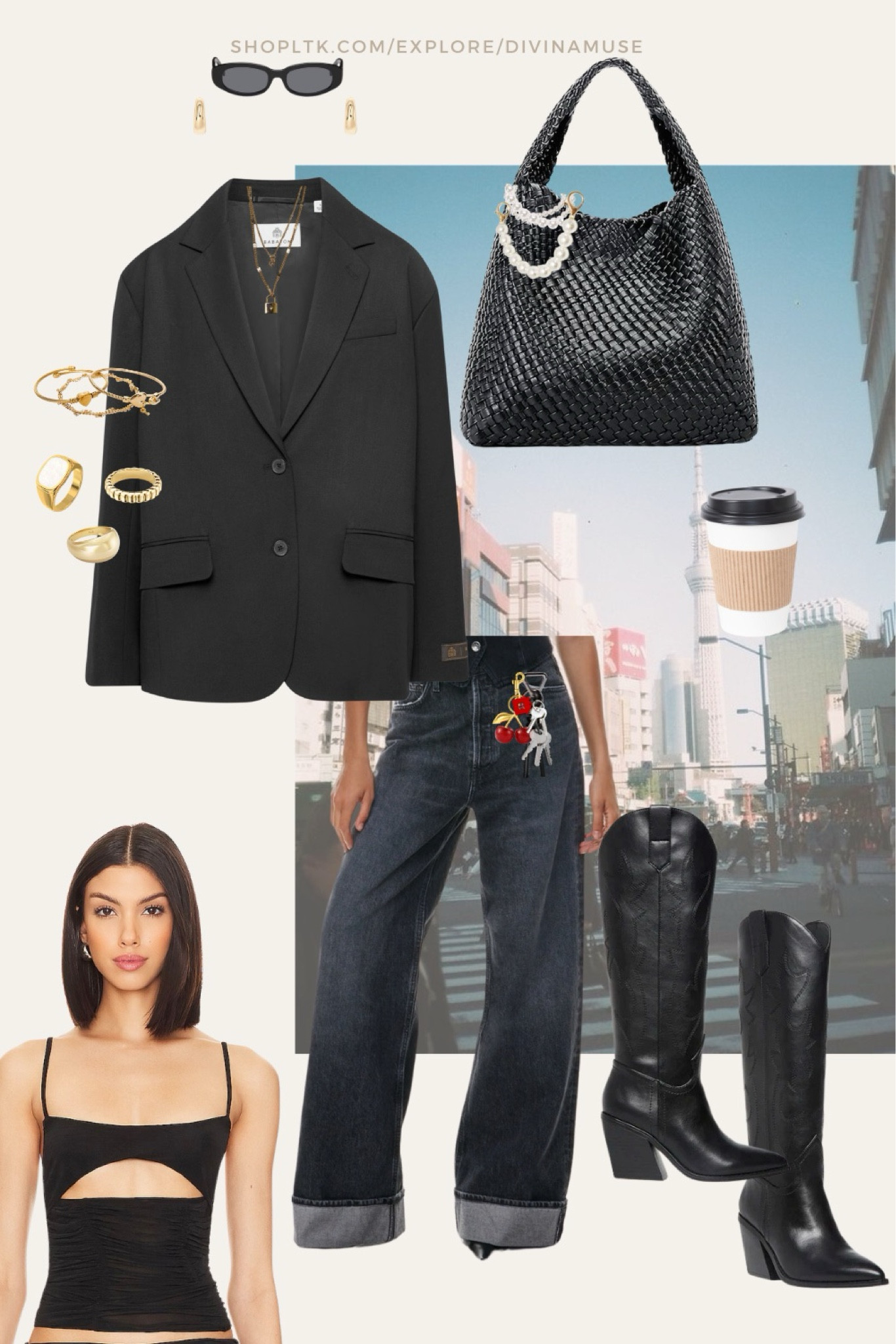 Women’s streetwear 🖤 cowboy/western boot outfit inspo for the city. Oversized black blazer, a woven leather bag with pearls to decorate around the strap. Folded up wide denim jeans, accessorized with charms at the belt, and leather knee length black cowboy boots. Outfits are always complimented with accessories like chunky earrings, layered necklaces and bracelets. 

#LTKWorkwear #LTKSaleAlert #LTKStyleTip