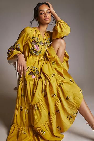 Embroidered V-Neck Maxi Dress | Anthropologie (US)