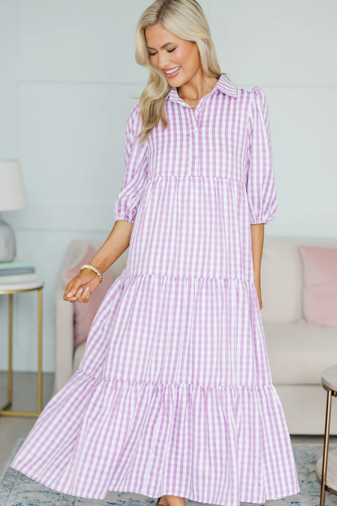 NURSING COLLECTION: Love Found Purple Gingham Tiered Midi Dress | The Mint Julep Boutique