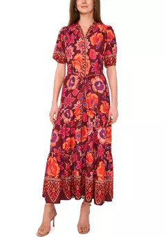 Vince Camuto Women's Puff Sleeve Border Printed Challis Maxi Dress | Belk