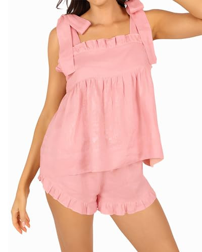 Womens Summer 2 Piece Set Sleeveless Tie Straps Ruffle Trim Top and Shorts Sets Soft Cozy Pajamas... | Amazon (US)