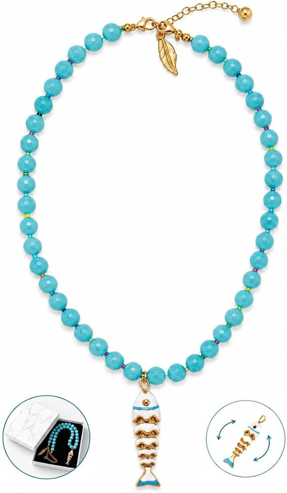 Boho Fish Pendant Necklace for Women Natural Stone Sardine Bead Necklace Chunky Swing Fish Statem... | Amazon (US)