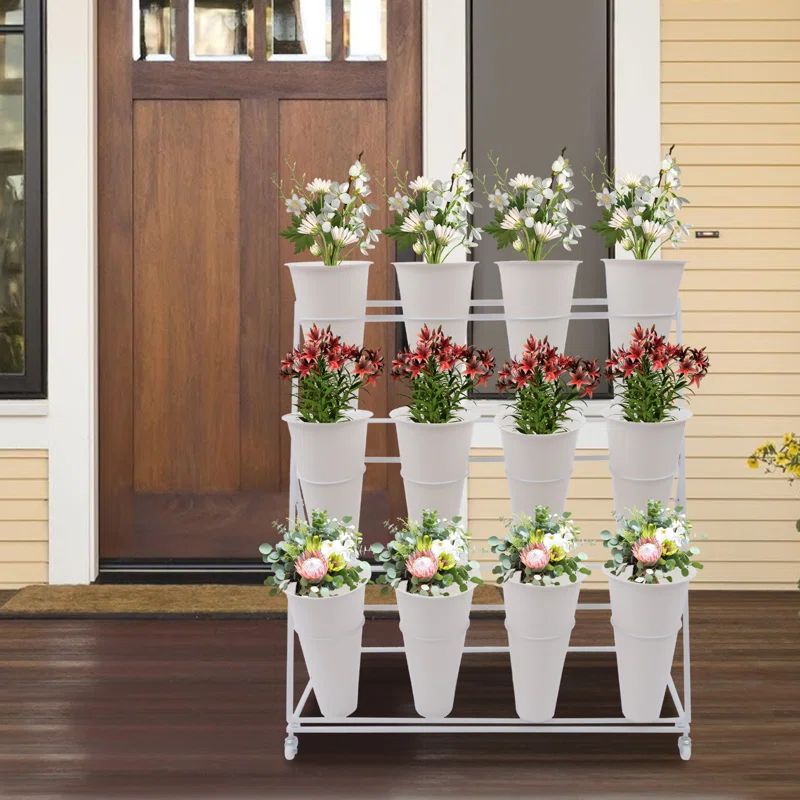 Humayd 3-Layer Metal Plant Stand with Wheels and Flower Bucket | Wayfair North America
