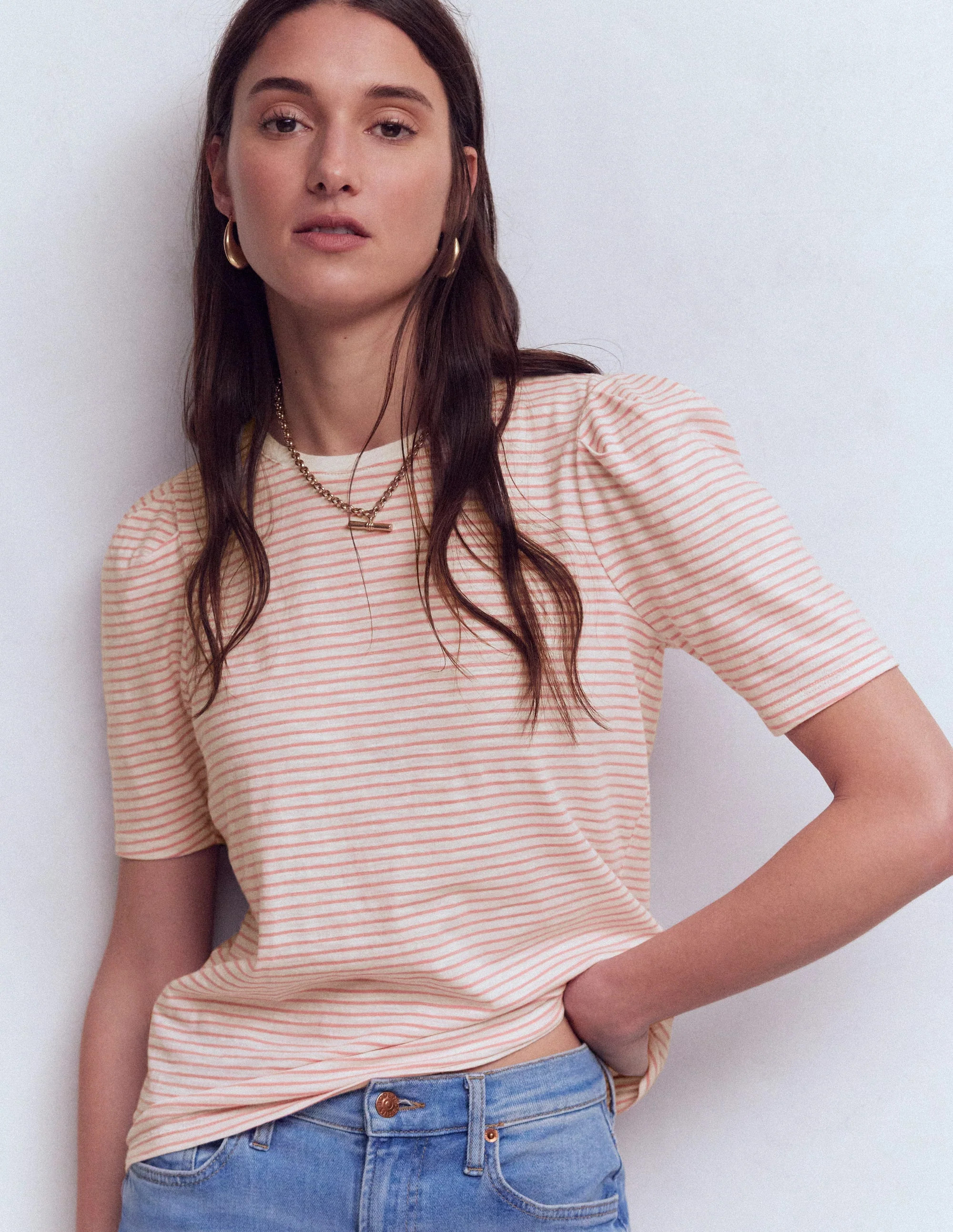 Pleat Sleeve T-shirt-Formica Pink and Ivory Stripe | Boden (US)
