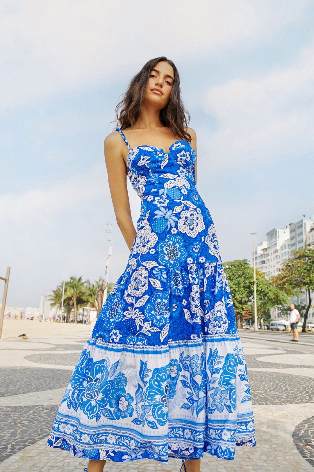 blue full of flowers organic cotton midi dress | Farm Rio (BR)
