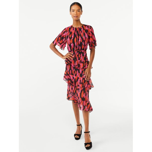 Scoop Women's Tiered Ruffle Dress with Flutter Sleeves - Walmart.com | Walmart (US)