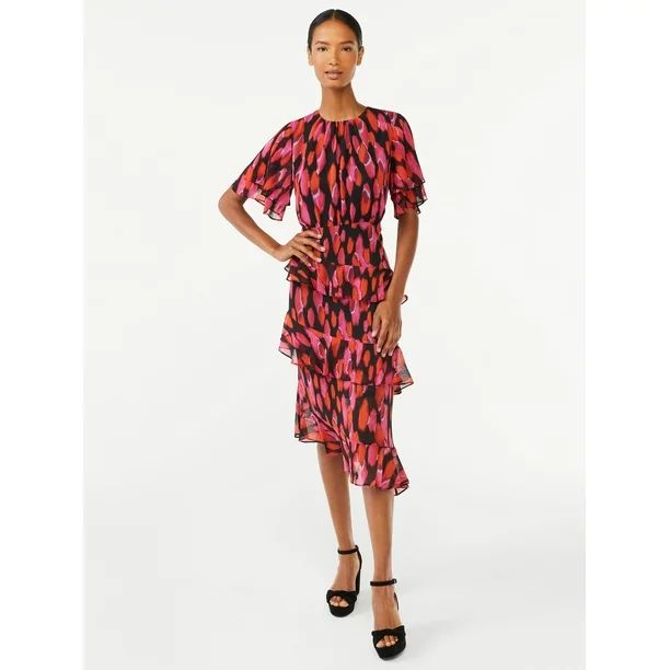 Scoop Women's Tiered Ruffle Dress with Flutter Sleeves | Walmart (US)