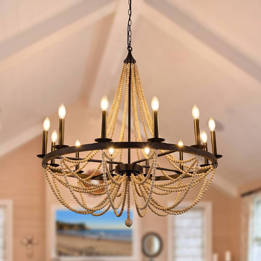 Wellmet Wood Bead Chandelier 38", 12 Light Black Wagon Wheel Chandelier, Farmhouse Dining Room Pe... | Amazon (US)