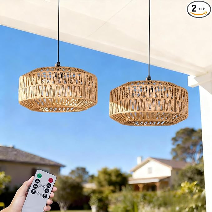 13" Battery Operated Outdoor Chandelier, Battery Power Hanging Pendant Lights, Woven Rattan Gazeb... | Amazon (US)