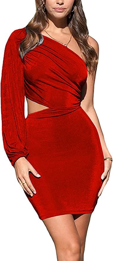 Amazon.com: LYANER Women's One Shoulder Long Sleeve Cutout Bodycon Club Cocktail Mini Dress Red S... | Amazon (US)