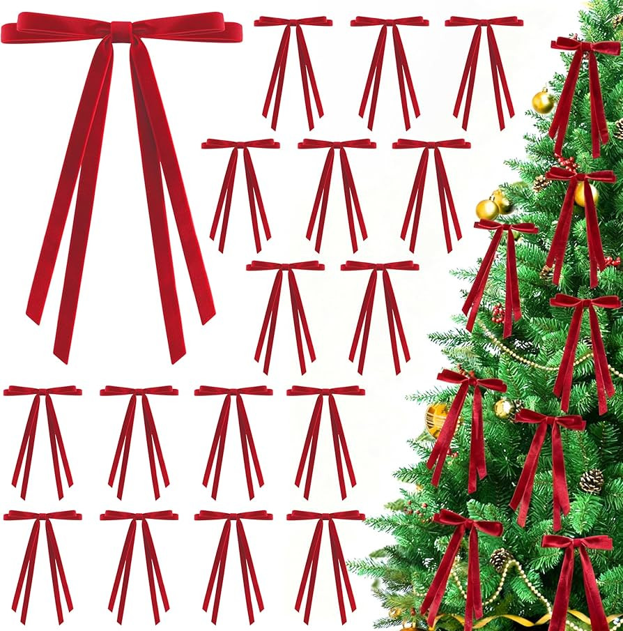 24 Pcs Christmas Bows for Tree, Red Velvet Ribbon Bow for Christmas Tree, Pre-Tied Vintage Xmas B... | Amazon (US)