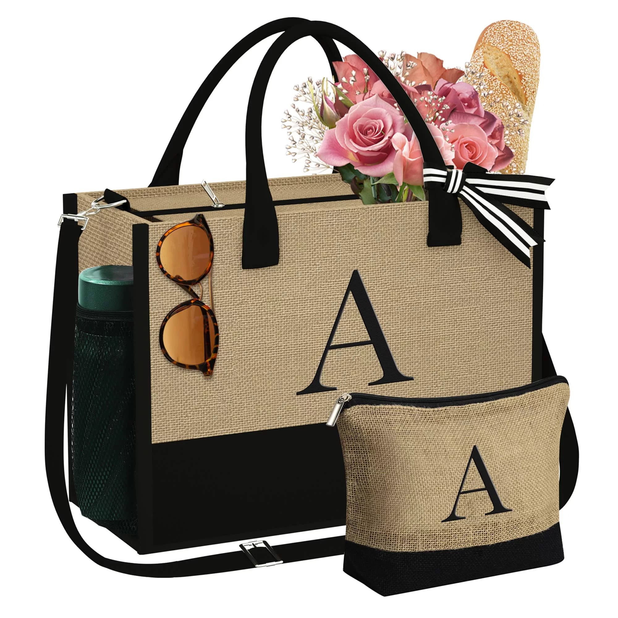 TINGN Initial Jute Tote Bag with Makeup Bag Beach Tote Bag with Zipper Adjustable Strap Mothers D... | Walmart (US)