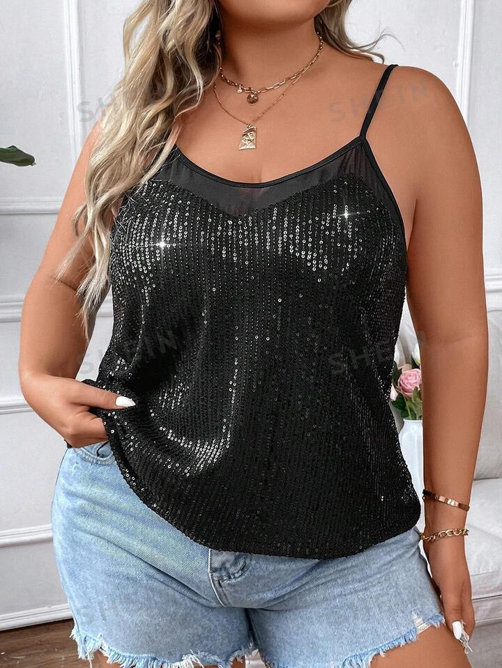 SHEIN Unity Plus Contrast Mesh Sequin Cami Top | SHEIN