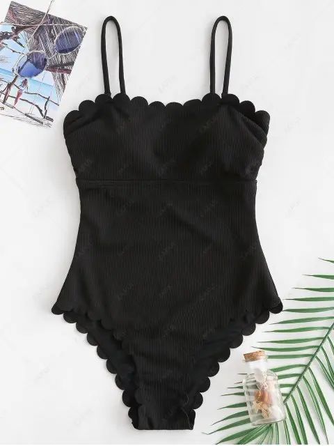 ZAFUL Ribbed Scalloped Cami Swimsuit - Black M | ZAFUL (Global)