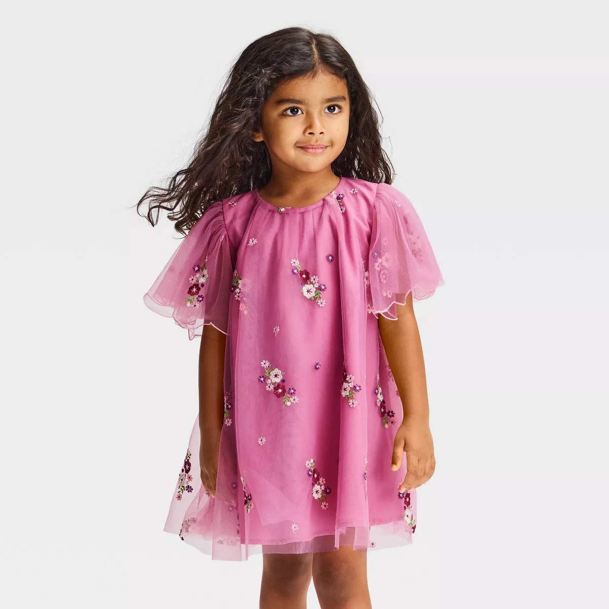 Baby Girls' Short Sleeve Floral Embroidered Tulle Dress - Audrey Camille - Dark Pink 18M | Target