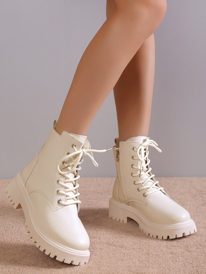 Women Lace-up Front Flatform Fashion Boots Preppy White Combat Boots | SHEIN