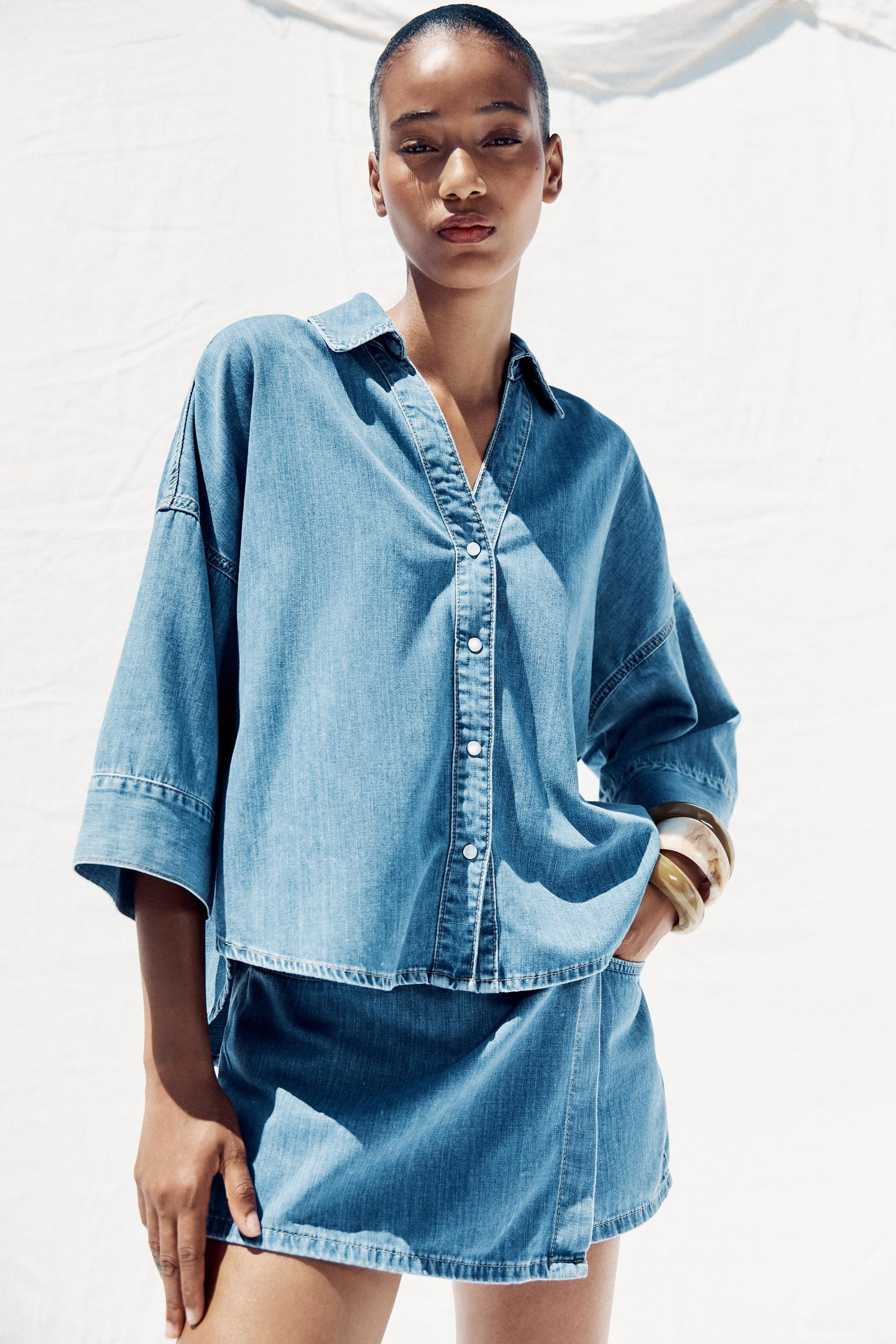 Z1975 FLOWY WIDE-SLEEVE DENIM SHIRT | Zara US