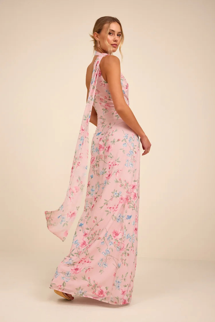 Adeline Light Pink Floral One-Shoulder Scarf Maxi Dress | Lulus