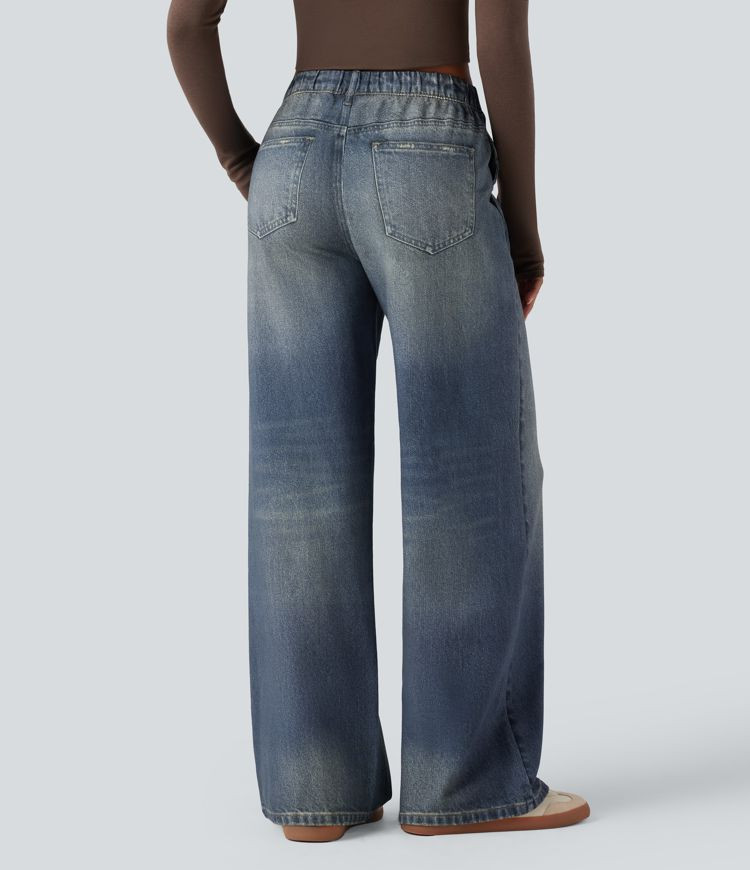 Women’s Mid Rise Denim Print French Terry Casual Sweatpants Jeans with Pockets - Halara | HALARA