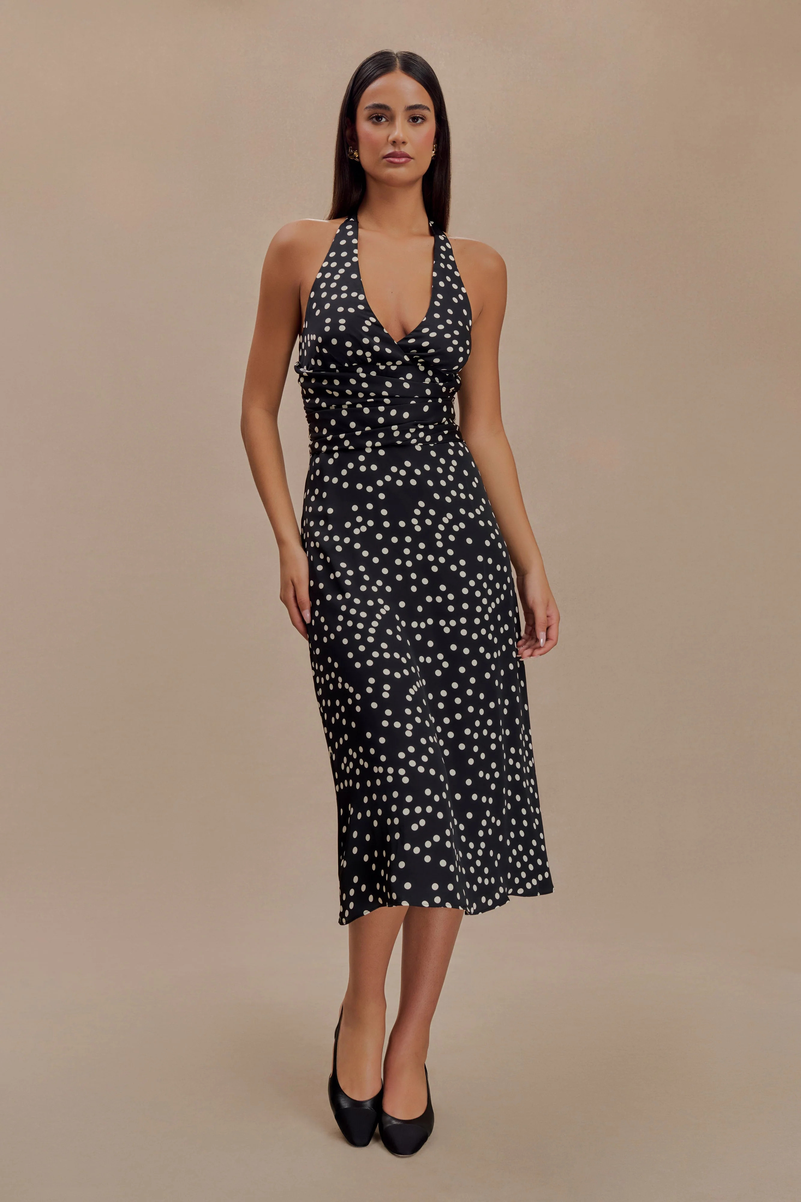 Satin Halter Midi Dress - Black Polka Dot Print | MESHKI US
