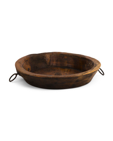 12in Vintage Reclaimed Wood Bowl With Iron Handles | TJ Maxx