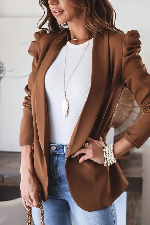 KIRUNDO Women's 2022 Fall Casual Blazers Puff Sleeve Lapel Open Front Work Suit Office Blazer Jac... | Amazon (US)