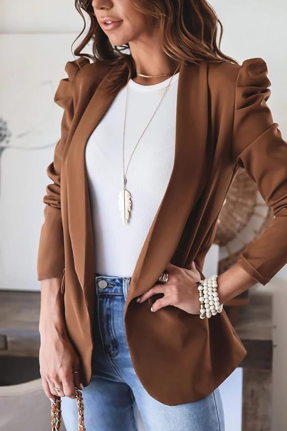 KIRUNDO Women's 2022 Fall Casual Blazers Puff Sleeve Lapel Open Front Work Suit Office Blazer Jac... | Amazon (US)