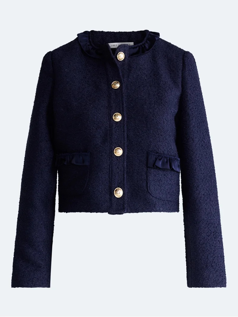 Free Assembly Women\u2019s Ruffle Trim Nubby Jacket with Long Sleeves, Sizes XS-XXL | Walmart (US)