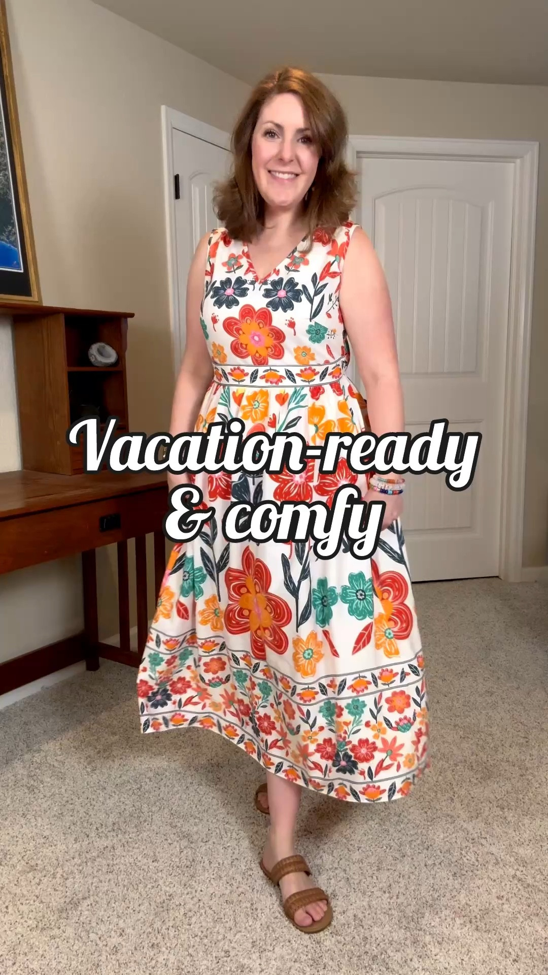 Some dresses just belong in a suitcase.
This bold floral one has a flattering A-line shape, a v-neckline, and a softly cinched waist that makes it easy to wear all day. I finished it with a straw bag and sunglasses because honestly…it’s vacation in a dress.

#bloomchic #sponsored #simplysarashops #affordablefashion #classicstyle 