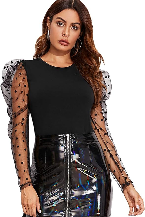 SheIn Women's Dot Mesh Round Neck Puff Sleeve Skinny Blouses Top | Amazon (US)